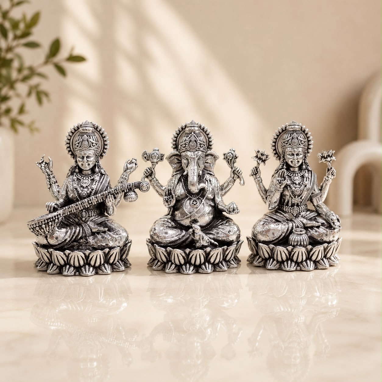 Lakshmi, Ganesh & Saraswati Idols — German Silver Trinity Set