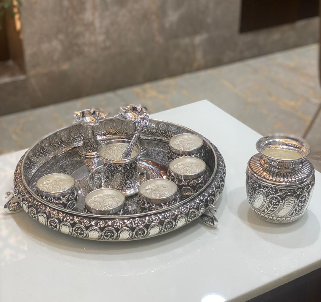 Premium German Silver Designer Pooja Thali Set – Paisley & Floral Design