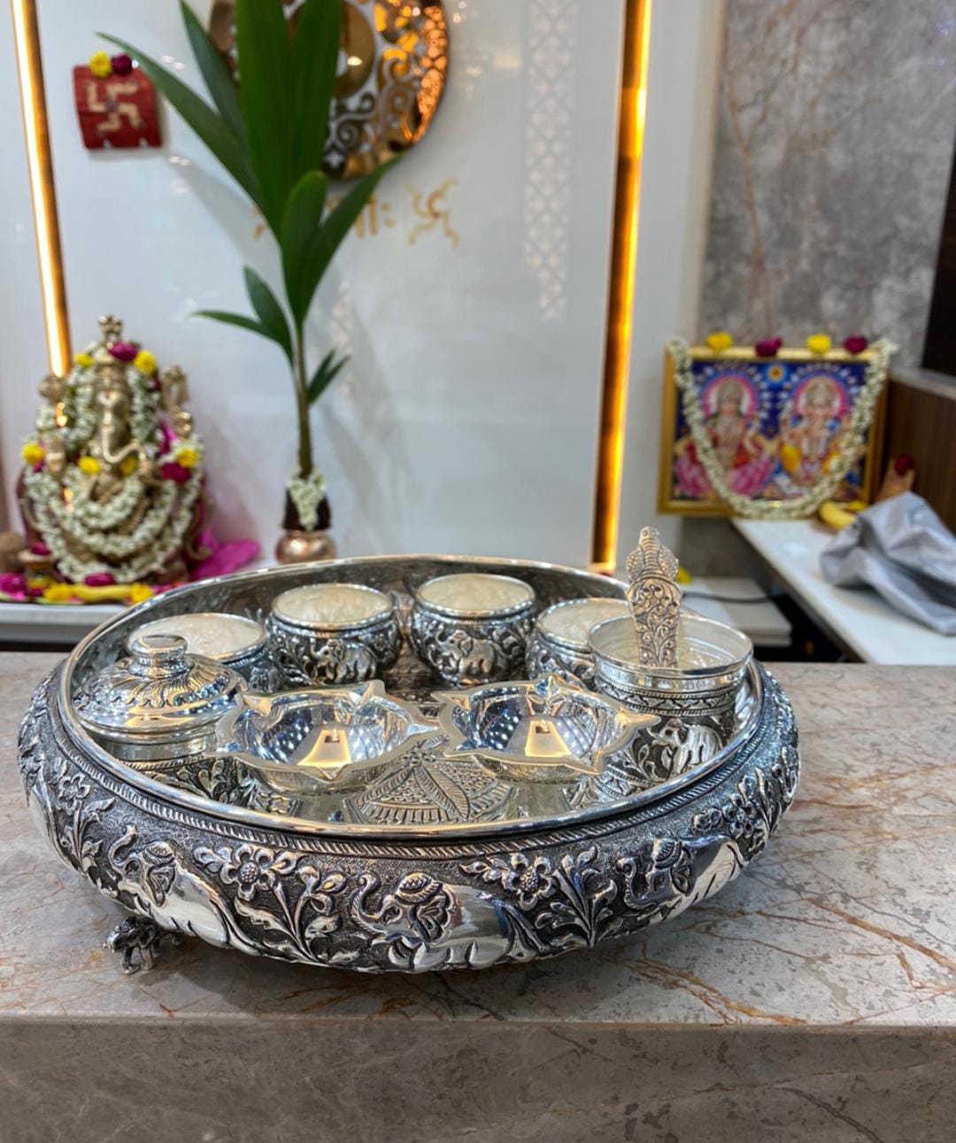 Royal German Silver Pooja Thali Set – Traditional Embossed Design